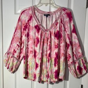 Democracy tie dye pullover crochet lace trim top long sleeve rayon pink Large